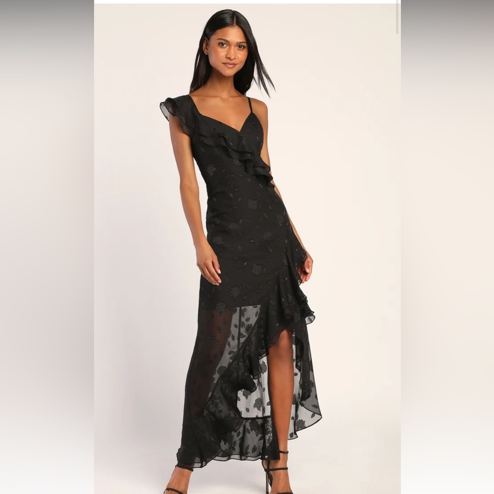 Lulu’s “forever be black floral jacquard ruffle ruffled maxi dress”